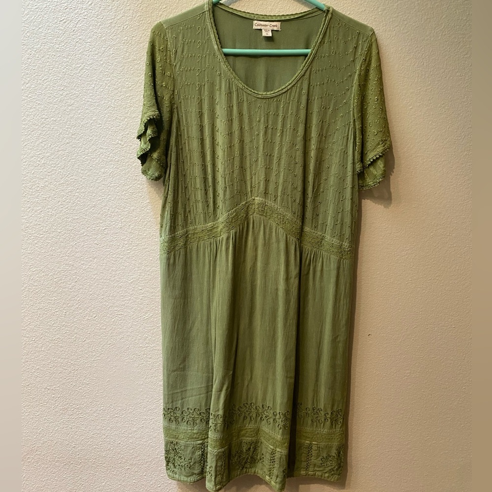 Boho Coldwater Creek Midi Dress Hippie Festival Summer 1x Green Embroide…